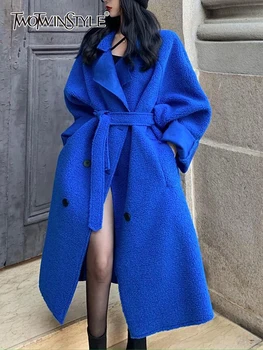 TWOTWINSTYLE Plavo утолщенное kaput od umjetnog krzna janjetina s dugim igle, običan kaput s pojasom, ženska moda zimske odjeće, novo 2022 godine
